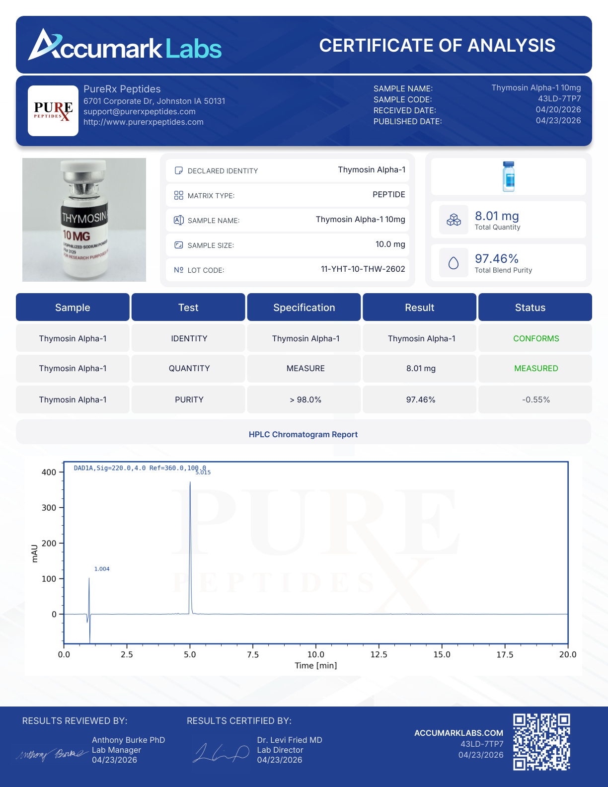 11-YHT-10-THW-2602 Thymosin Alpha 1 -10Mg | Buy Research Peptides | Purerx Peptides
