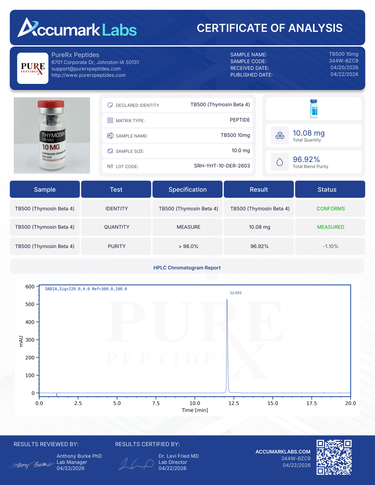 SRH-YHT-10-DER-2603 Tb-500 (Tb-4) 10Mg | Buy Research Peptides | Purerx Peptides